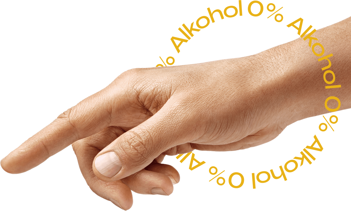 Arm dessen Finger auf etwas zeigt mit einem Kreis mit einer Inschrift von 0% Alkohol